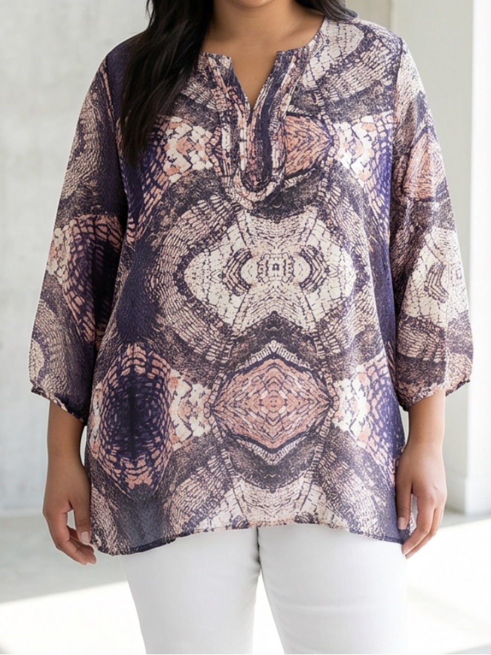 Sheer Long Sleeve Peach & Purple Tunic Top